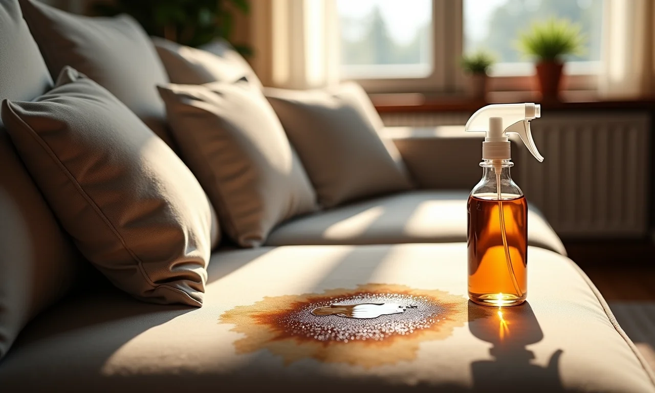 Spray tira manchas Use Orgânico removendo mancha de café do sofá.