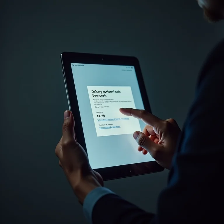 Tablet mostrando confirmação de entrega com mão hesitante