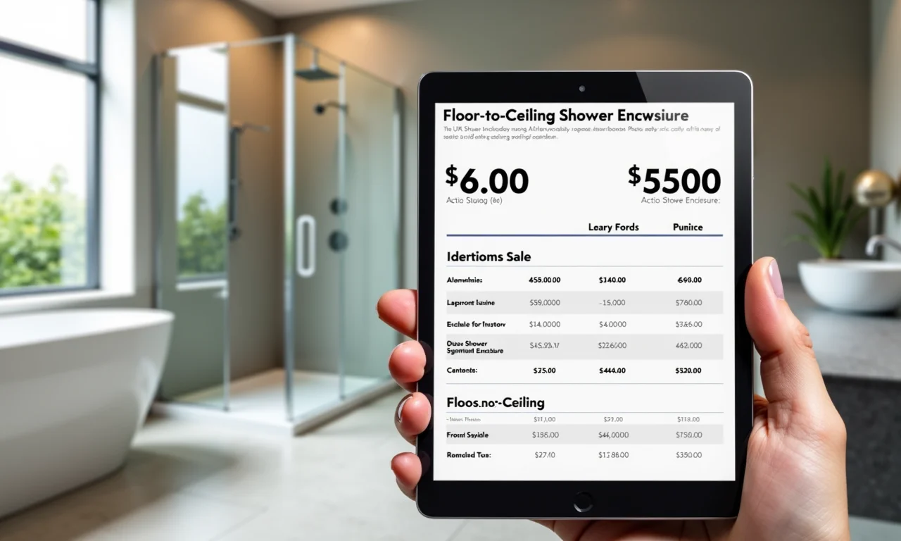 Tablet mostrando preços de box até o teto em banheiro elegante.