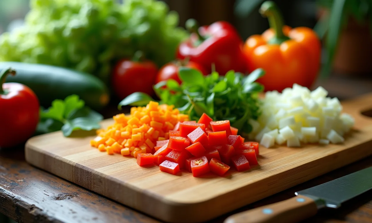 Tábua de corte de bambu com vegetais frescos.
