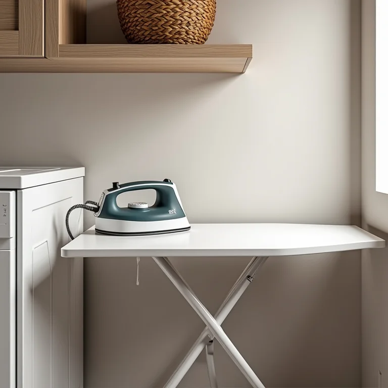 Tábua de passar embutida em uma área de serviço pequena.