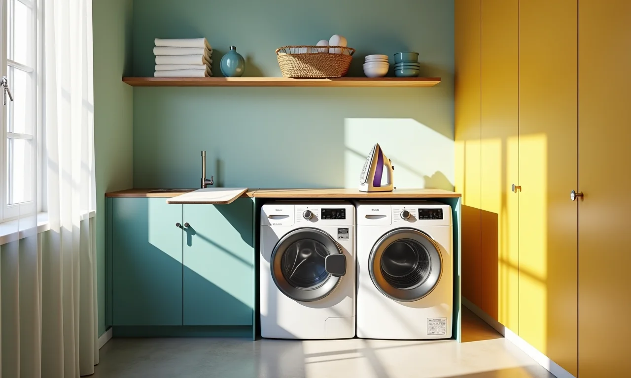 Tábua de passar retrátil economizando espaço em uma lavanderia.