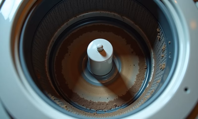 Tambor de máquina de lavar muito sujo, com sujeira visível.