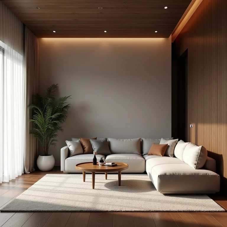 Tapete claro delimitando a área de estar em um piso de madeira escura.