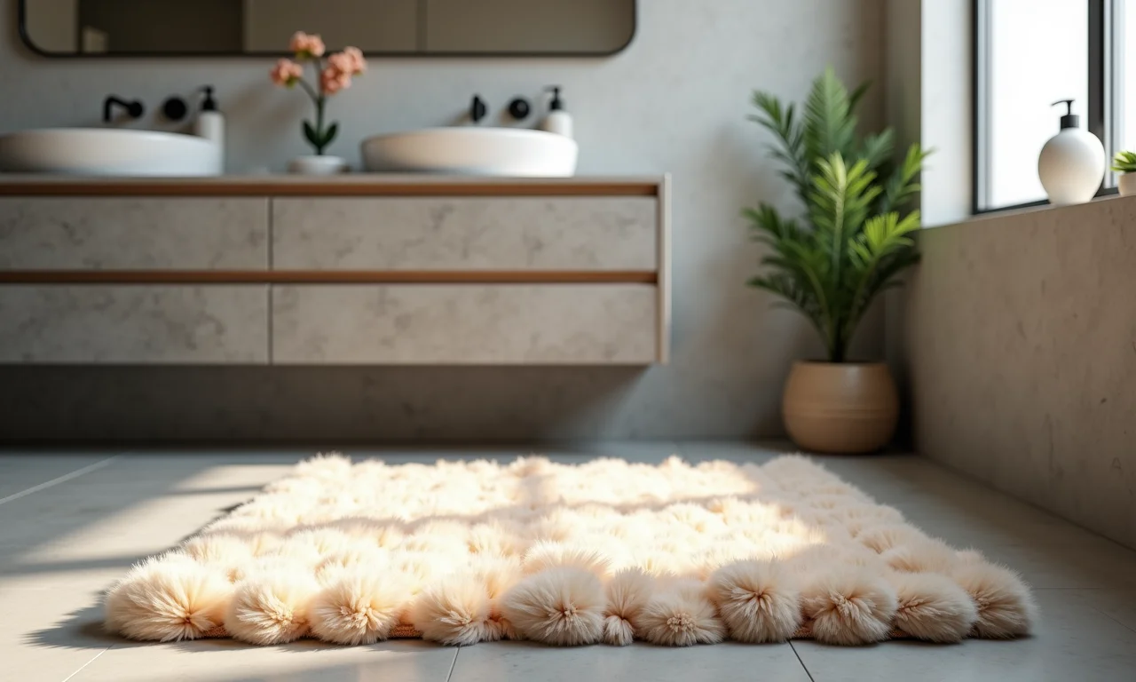 Tapete macio em banheiro com cimento queimado para conforto.