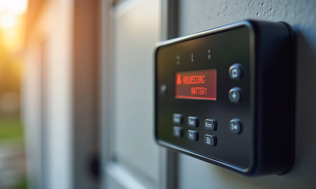 Teclado de alarme mostrando aviso de bateria fraca.