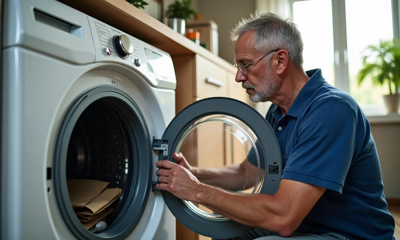 Técnico consertando uma máquina de lavar, enfatizando a importância da manutenção.