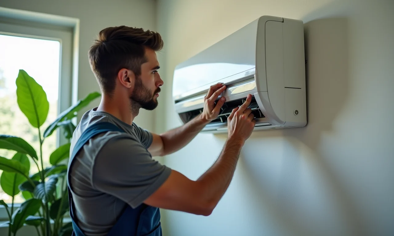 Técnico inspecionando ar condicionado split limpo para maior durabilidade.