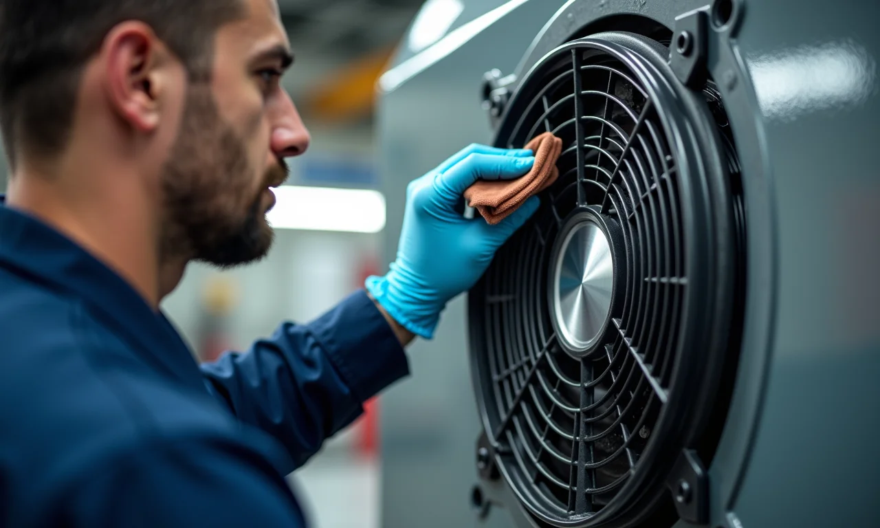 Técnico limpando a ventilação de um motor elétrico.