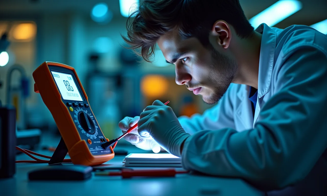Técnico medindo um transistor bipolar (BJT) em um laboratório.