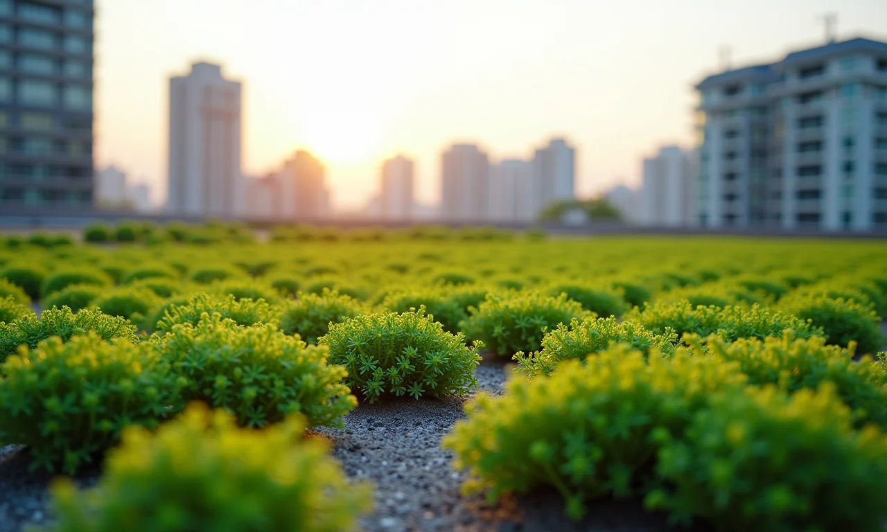 Telhado verde extensivo com plantas de sedum e substrato leve.