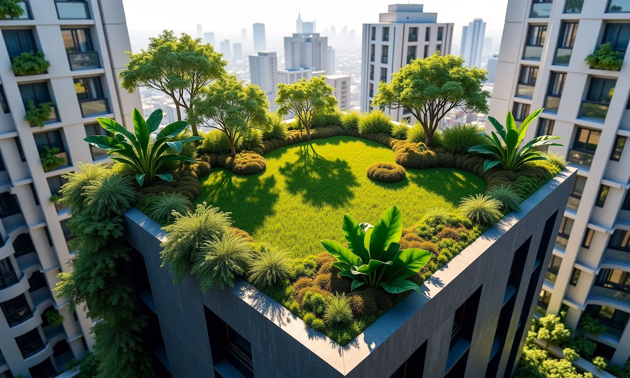 Telhado verde exuberante em laje de concreto, com vegetação vibrante.