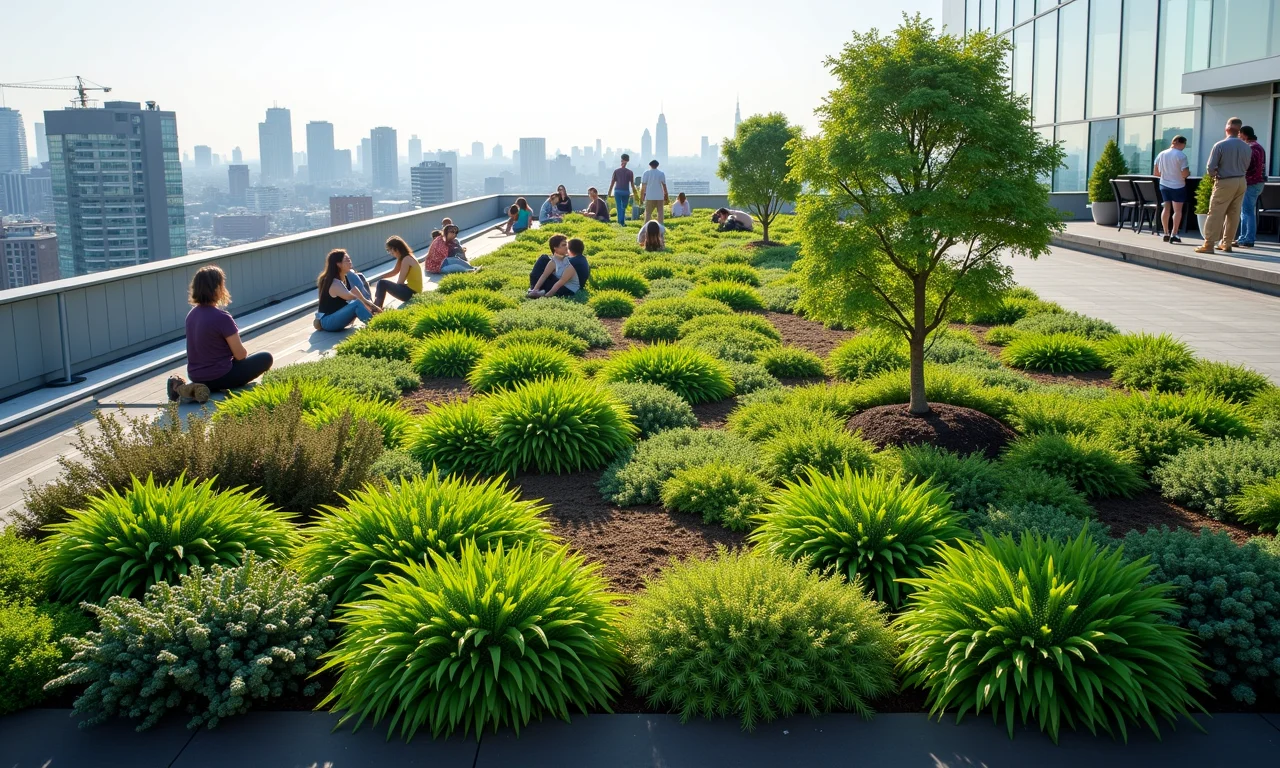 Telhado verde intensivo com árvores, jardim e pessoas.