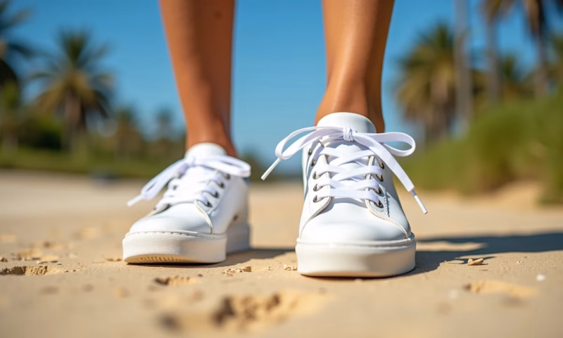 Tênis branco impecável, limpo e brilhante sob a luz do sol.