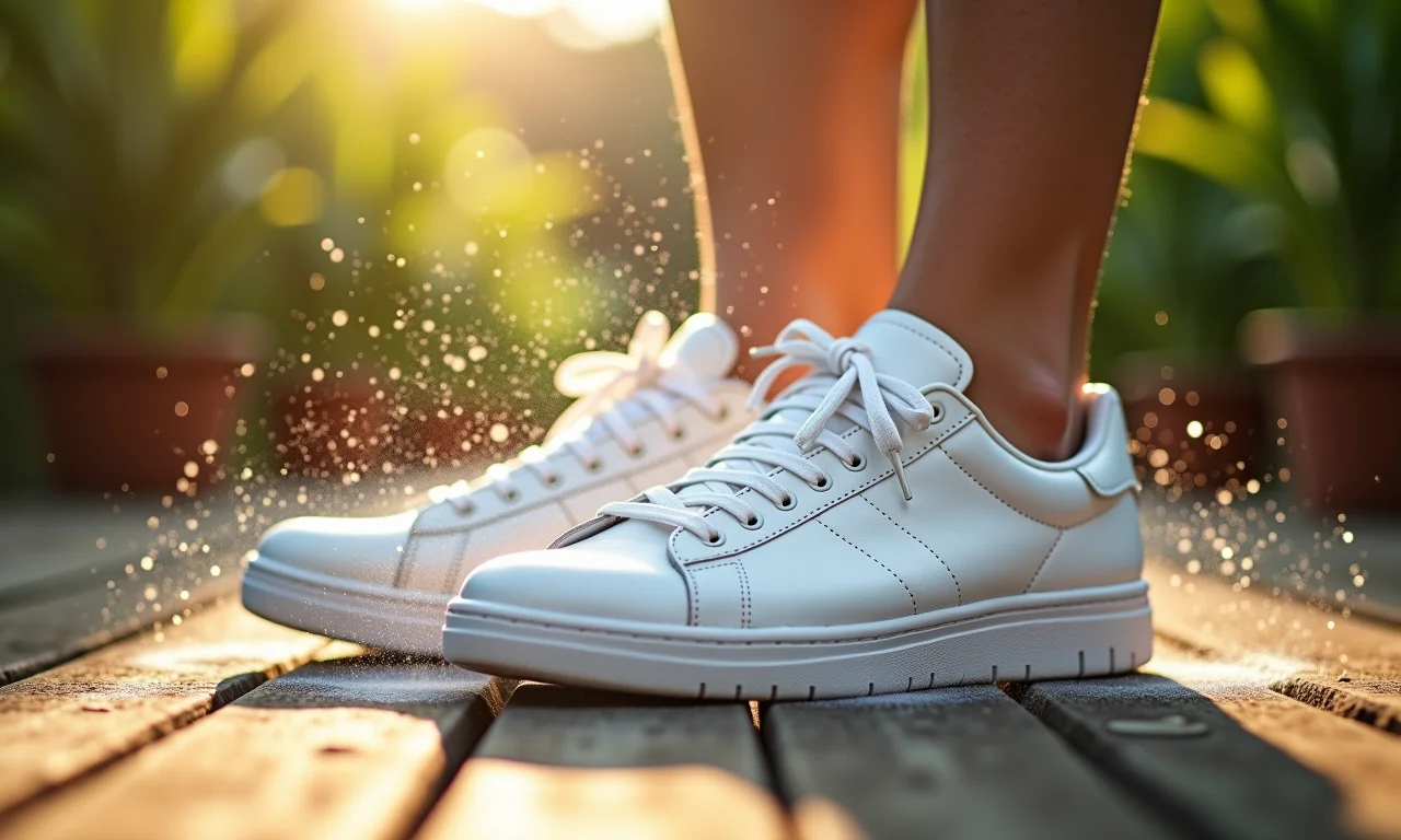 Tênis branco secando ao ar livre.