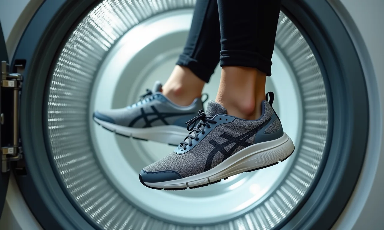 Tênis sendo centrifugados dentro de uma máquina de lavar moderna.