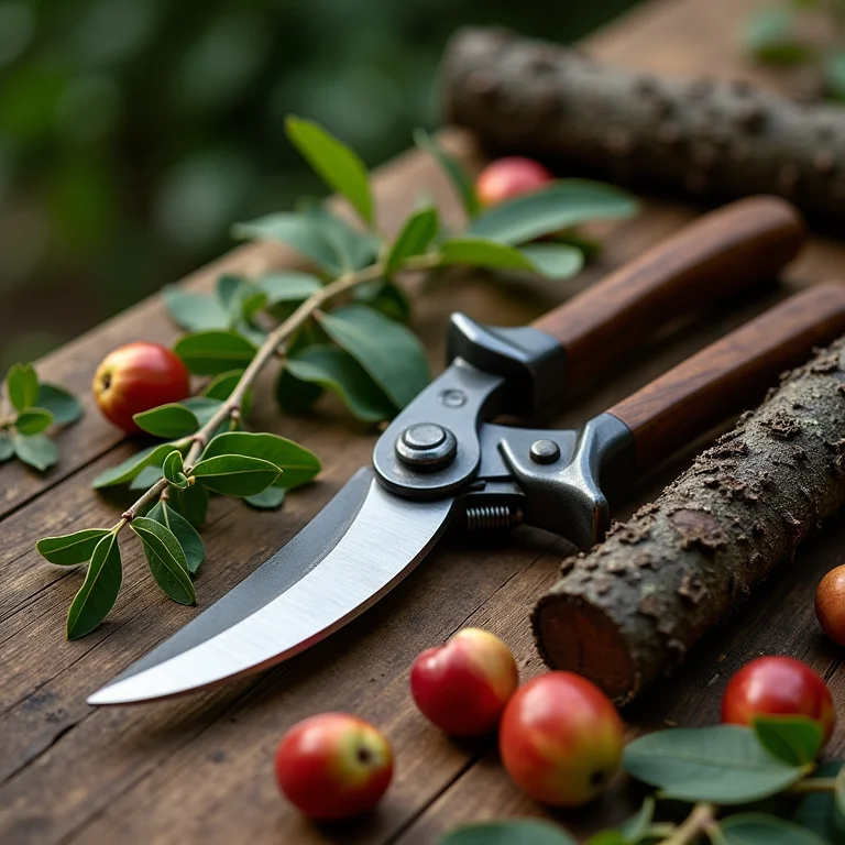 Tesouras de poda e galhos recém podados sobre mesa de madeira