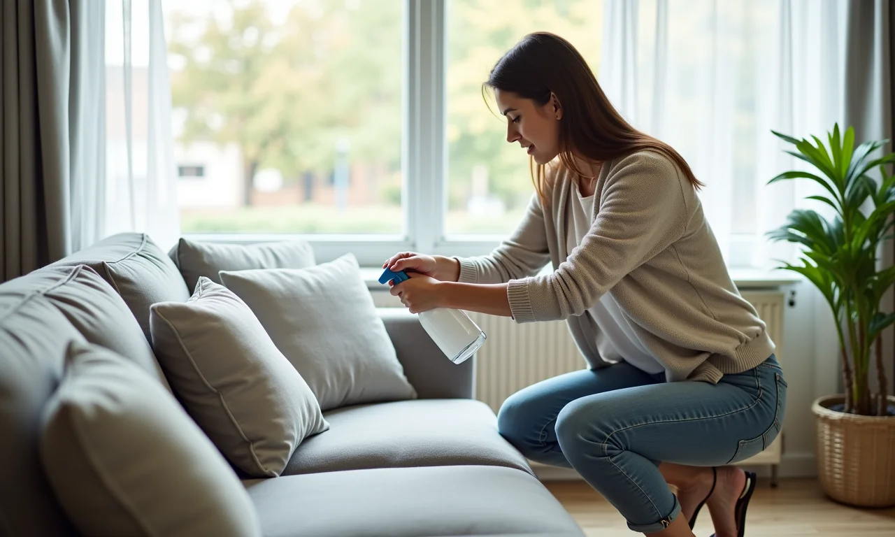 Testando produto de limpeza em área escondida do sofá de tecido.