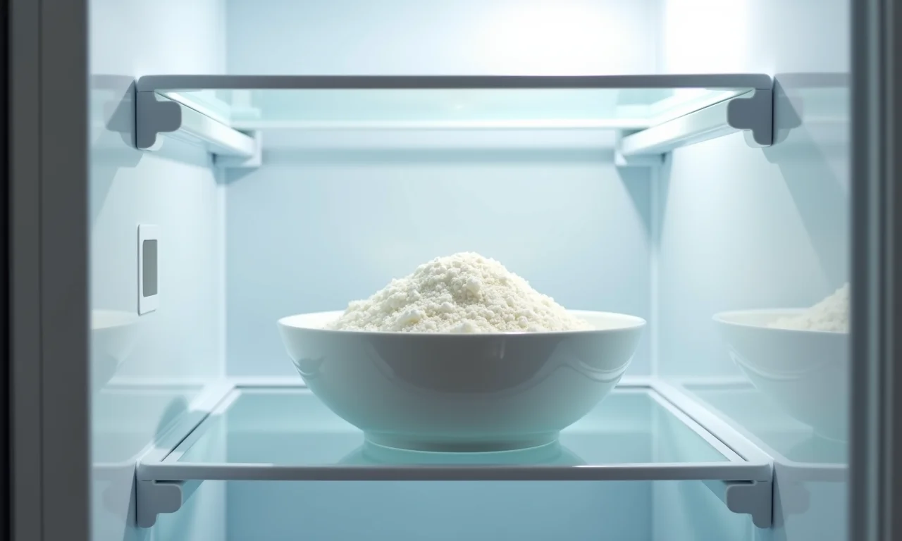 Tigela com vinagre e bicarbonato dentro da geladeira.