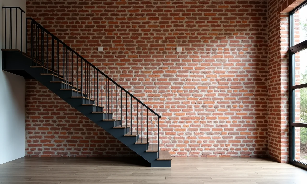 Tijolinho aparente revestindo a parede de uma escada, estilo industrial e moderno.