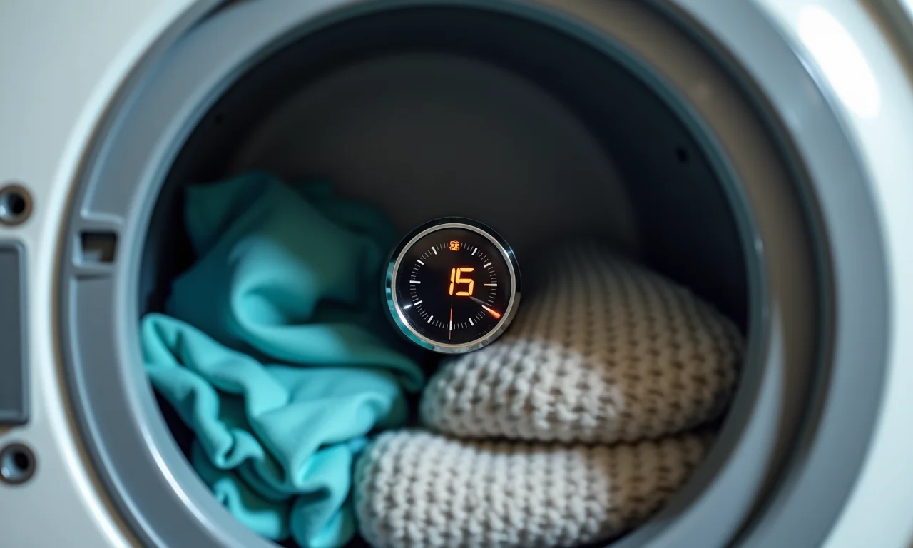 Timer da secadora mostrando 15 minutos, com roupas visíveis dentro.
