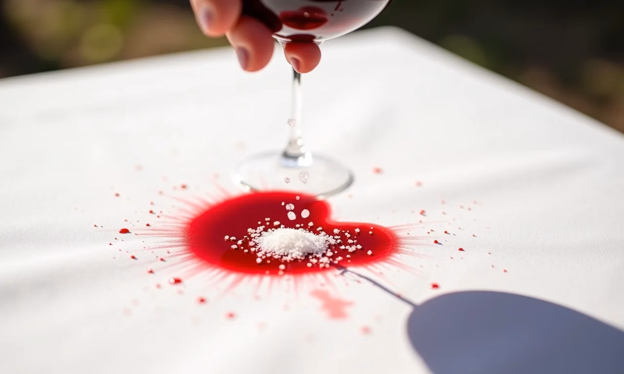 Toalha de mesa branca com mancha de vinho sendo coberta com sal.