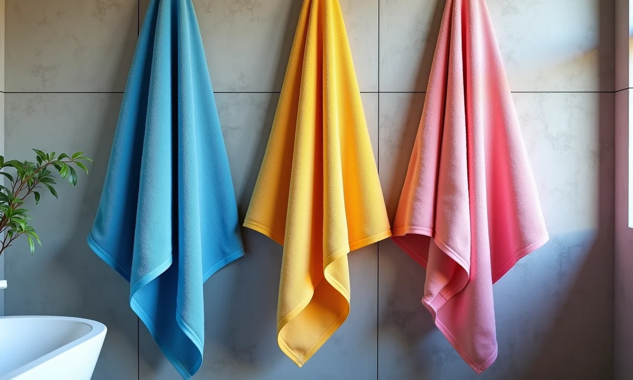 Toalhas coloridas em banheiro com cimento queimado, quebrando a monotonia.