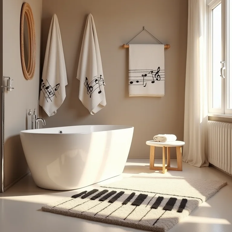 Toalhas e tapete temáticos em banheiro com decoração musical.