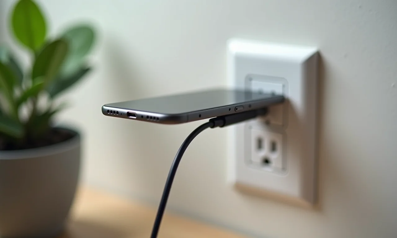 Tomada com portas USB carregando smartphone.