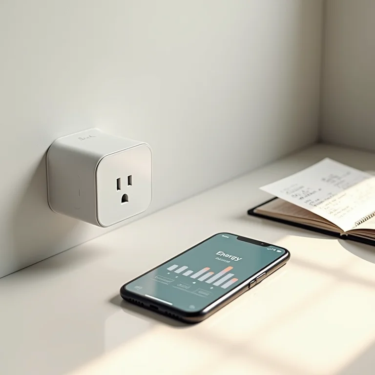 Tomada inteligente, smartphone mostrando gráfico de consumo e caderno de anotações.