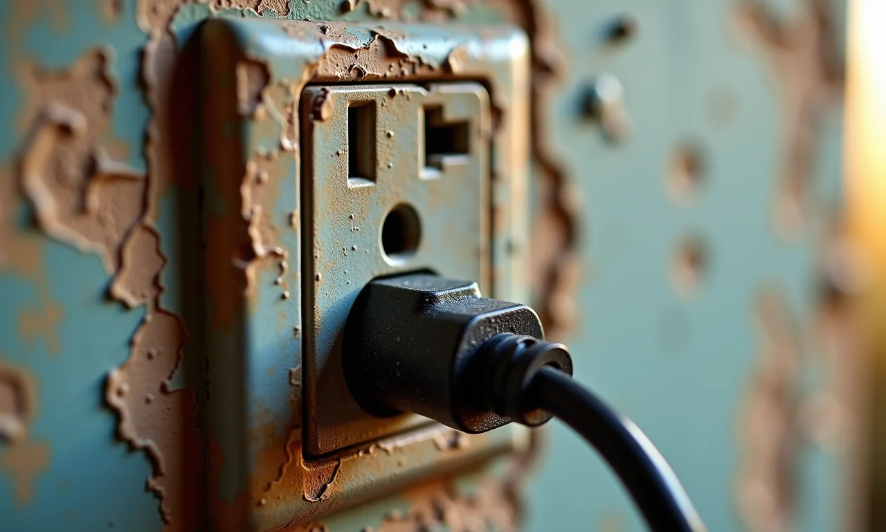Tomada rachada e com plugue solto, representando perigo elétrico.