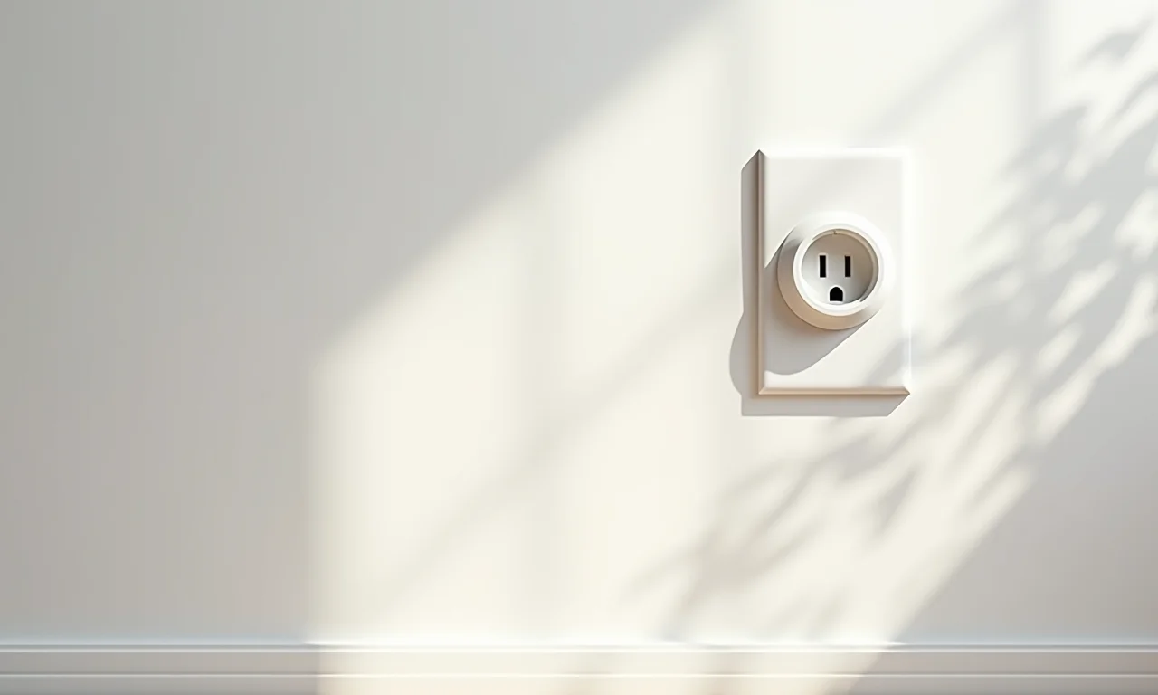 Tomada simples padrão em parede branca.