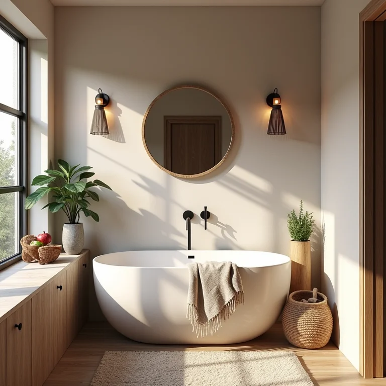 Toques pessoais em um banheiro boho chic.