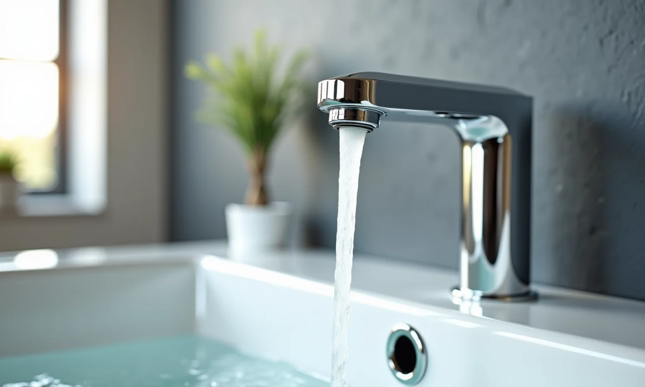 Torneira moderna com redutor de vazão em banheiro sustentável.