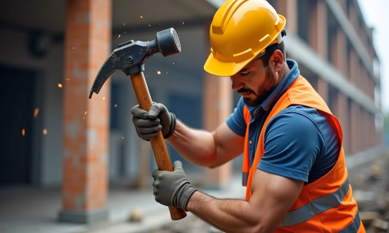 Trabalhador da construção civil usando uma marreta com força em uma obra.