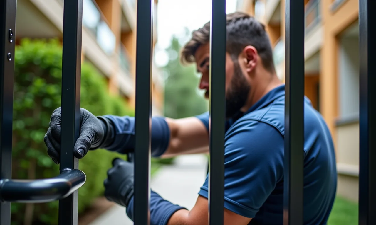Trabalhador de manutenção reparando portão de segurança em prédio.