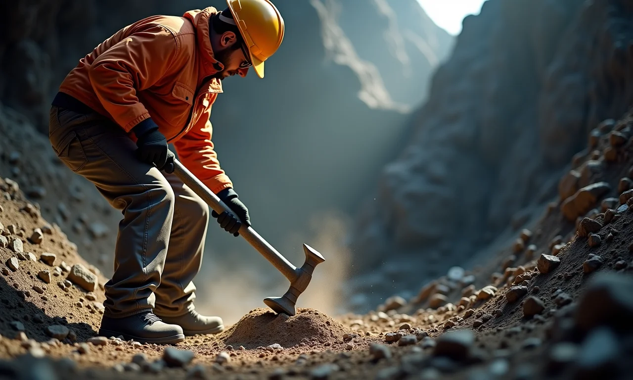Trabalhador de mineração usando uma marreta em uma pedreira, com poeira de rocha.