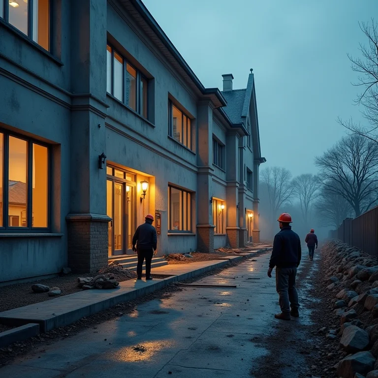 Trabalhadores não qualificados realizando trabalho de má qualidade em escola.