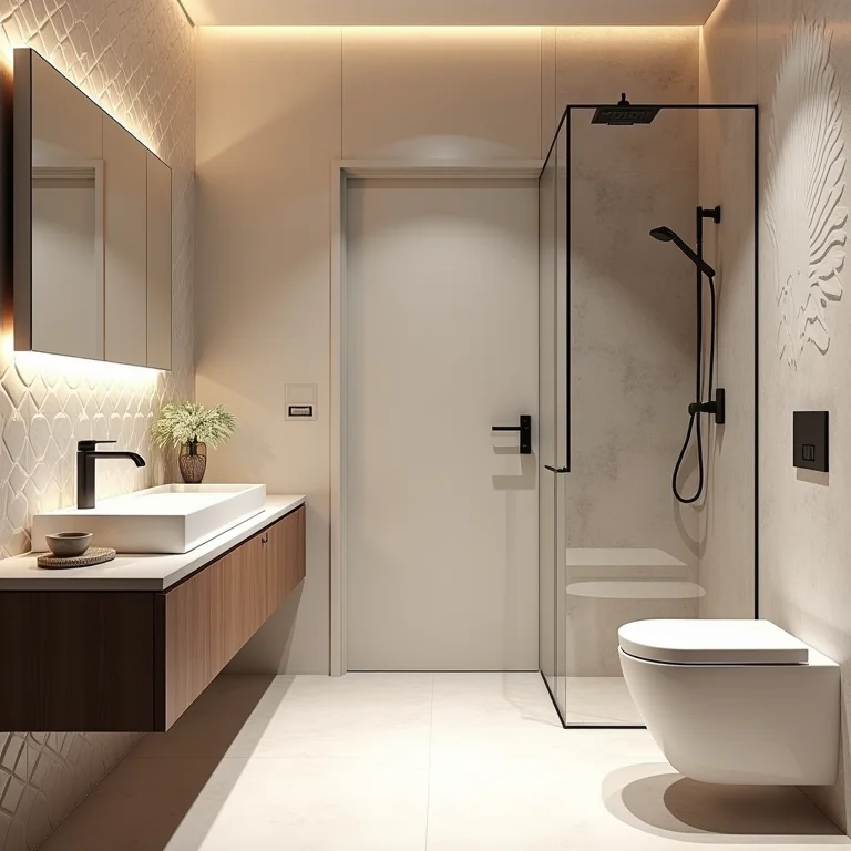 Transformação com revestimento 3D em um banheiro pequeno, adicionando textura e profundidade.