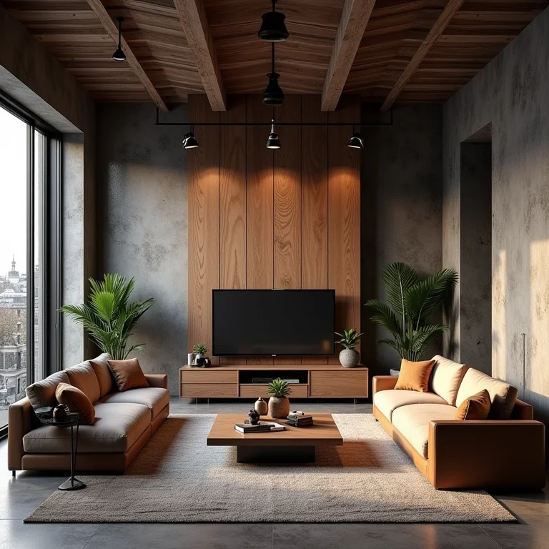 Trilho aparente em sala de estar estilo industrial