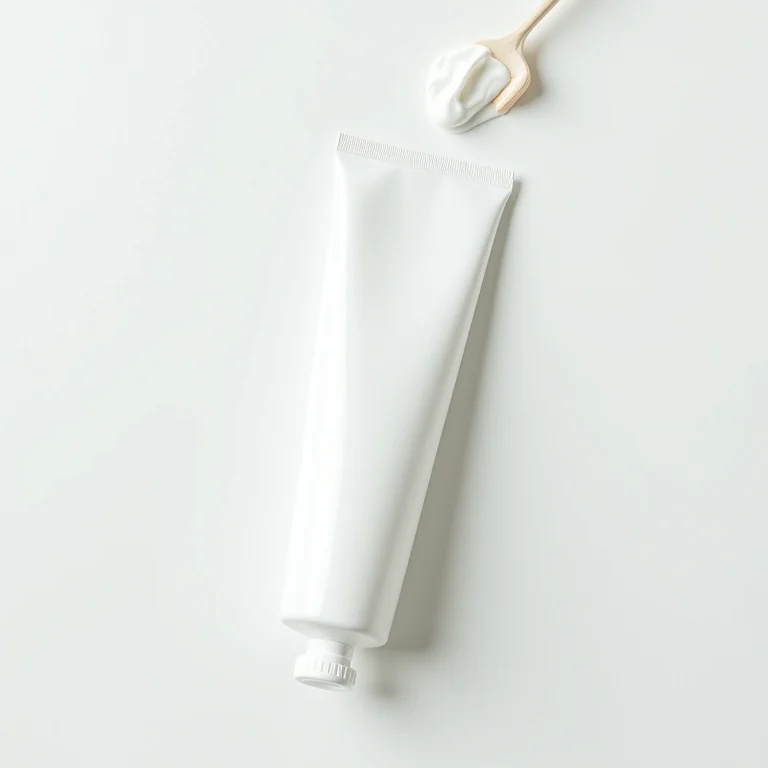 Tubo de pasta de dente com escova em fundo branco.