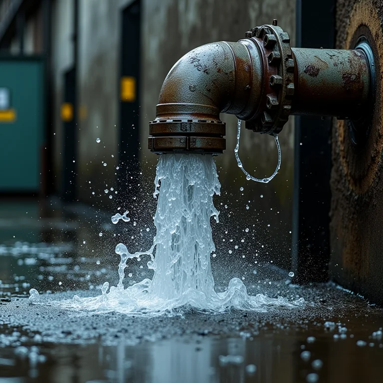 Tubo estourado com água jorrando em ambiente industrial