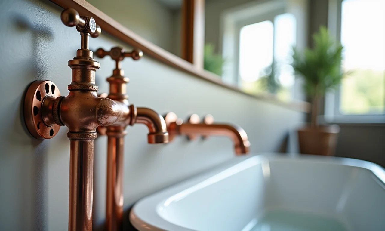 Tubulações de cobre expostas em um banheiro moderno.