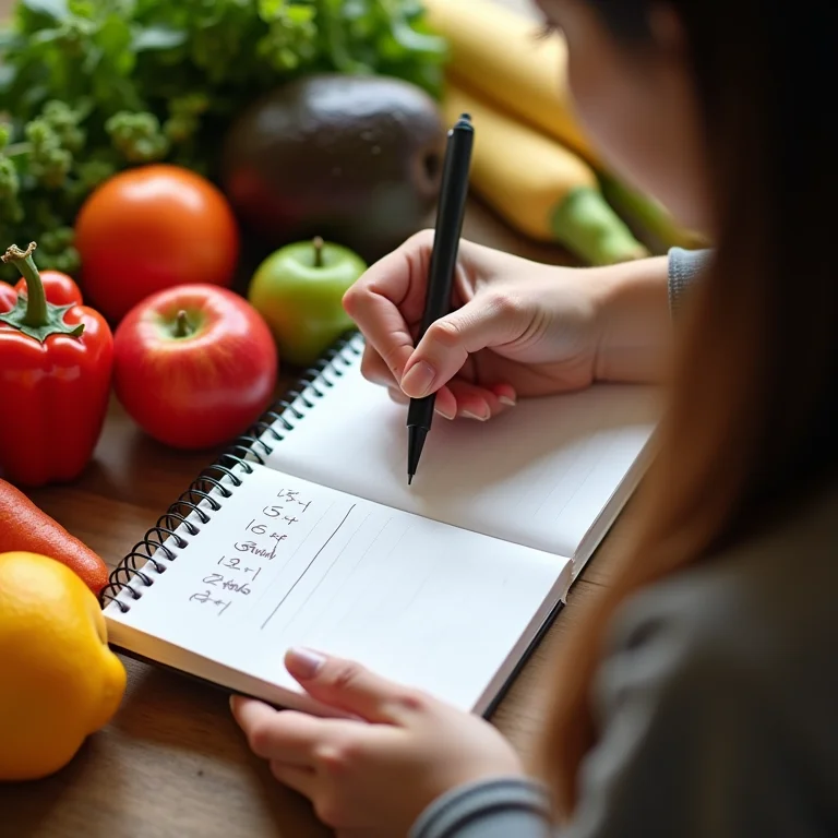 Um indivíduo anotando hábitos alimentares em um caderno, cercado por alimentos saudáveis.