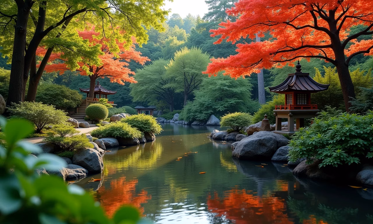 Um jardim japonês tranquilo com lago de carpas, lanternas de pedra e folhagem exuberante.