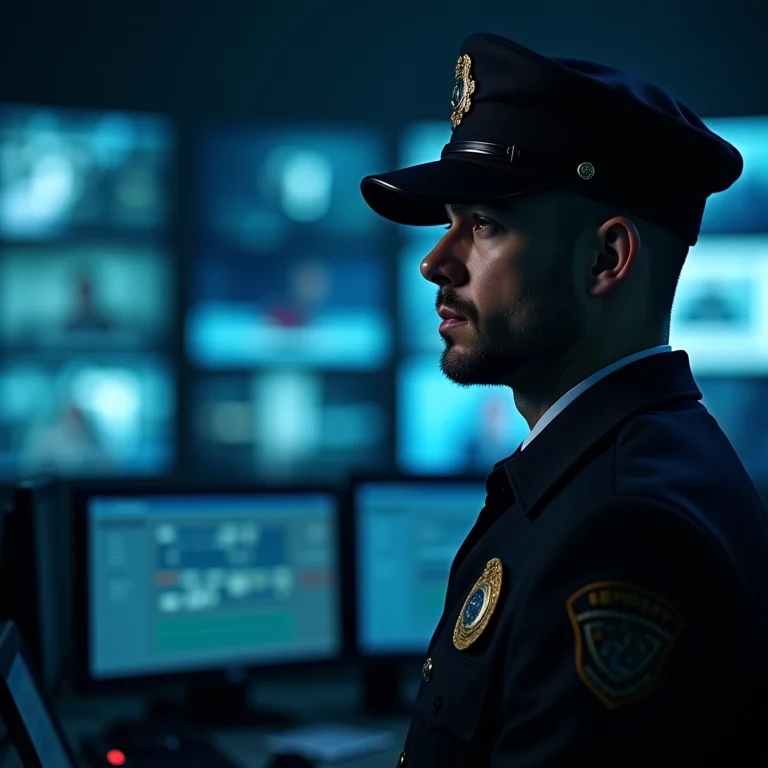 Um porteiro atento monitorando câmeras de segurança em um condomínio.