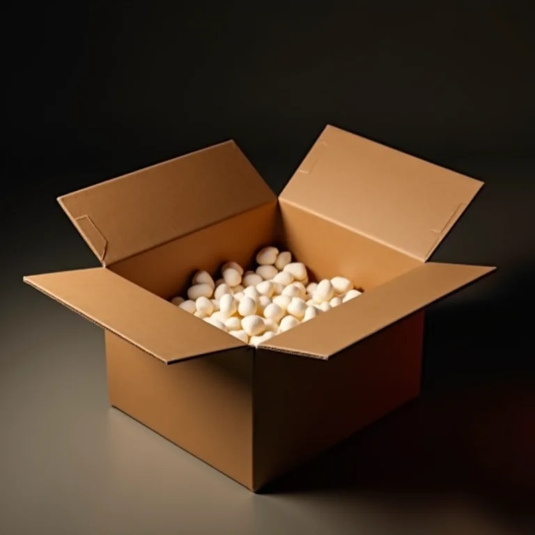 Uma caixa vazia sendo aberta, revelando apenas amendoim de embalagem.