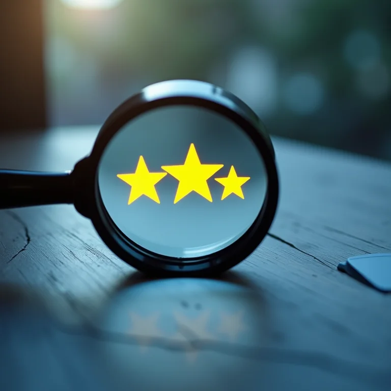 Uma lupa examinando estrelas de avaliação de clientes em uma plataforma de e-commerce.