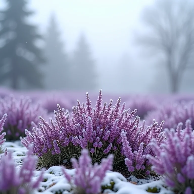 Urze roxa coberta de neve.