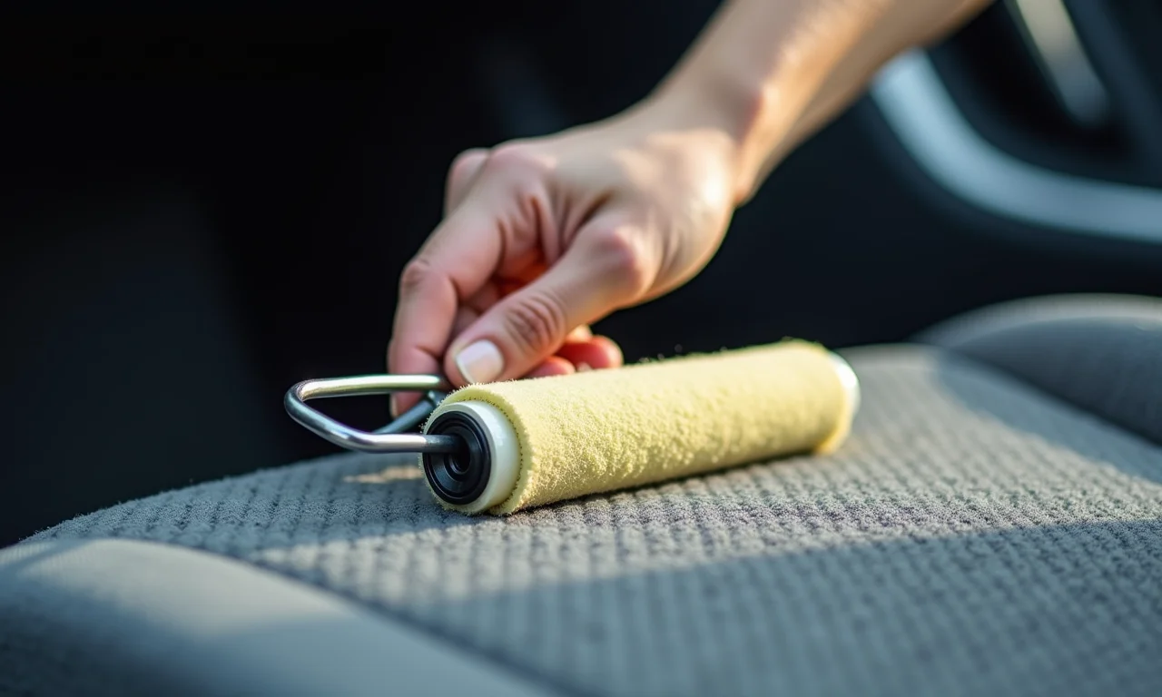 Usando rolo adesivo para remover pelos do carpete do carro.